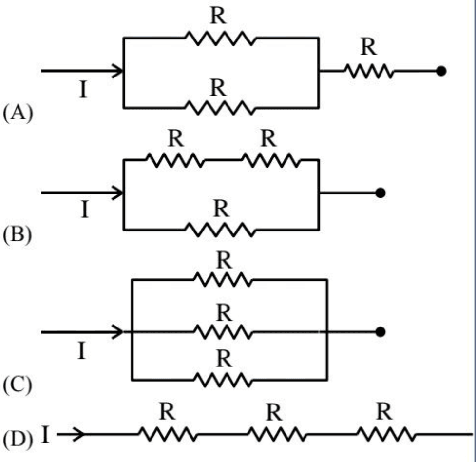 Four resistor configurations (A), (B), (C), (D) with current I entering each network of three identical resistors of resistance R.