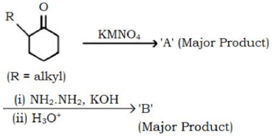 Reaction scheme showing oxidation of an alkyl-substituted cyclohexanone derivative and Wolff-Kishner reduction, followed by four sets of structures for A and B.