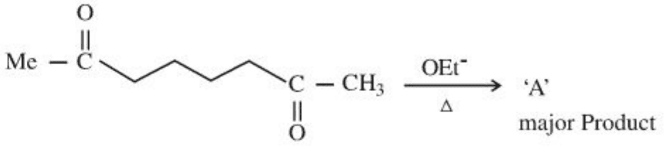 Intramolecular aldol condensation of a diketone in the presence of base (OEt-) and heat to form major product 'A'.