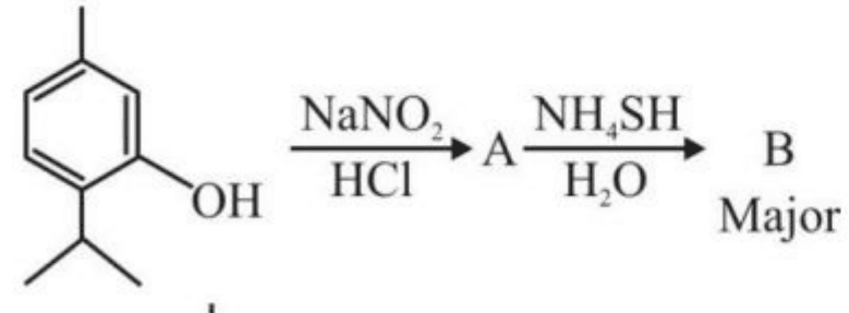 A reaction scheme starting with 4-isopropylphenol reacting with NaNO2/HCl to give A, followed by NH4SH/H2O to give B.