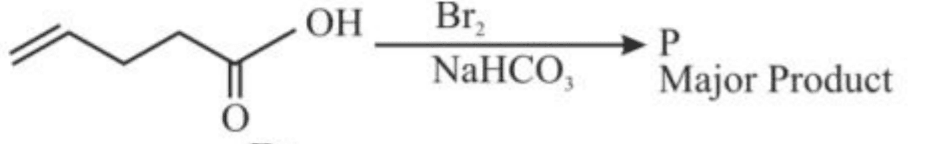 Reaction scheme showing an alkene with a carboxylic acid group reacting with Br2/NaHCO3, followed by 4 possible lactone/substituted products.