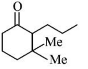 Reaction of cyclohex-2-en-1-one with 1) MeMgBr/CuI, 2) nPrI, and four product options.