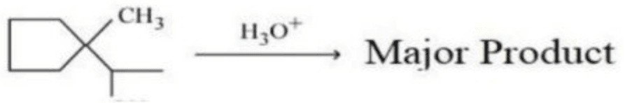 Reaction scheme showing bicyclic diol reacting with H3O+ to produce a major product, along with 4 multiple choice structure options.