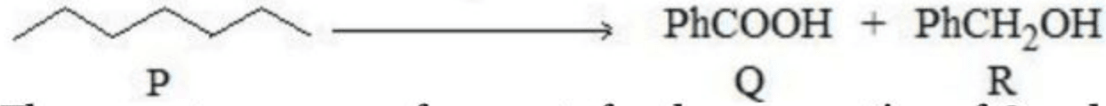 Reaction equation showing n-heptane reacting to form PhCOOH (Q) + PhCH2OH (R).