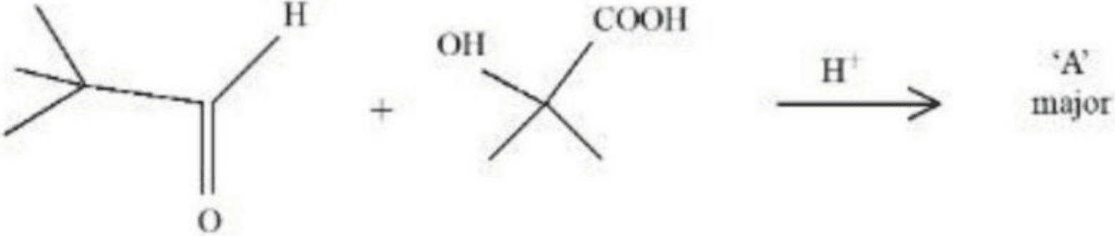 Reaction of a tert-butyl substituted aldehyde with 2-hydroxy-2-methylpropanoic acid under acidic conditions, with 4 cyclic acetal/lactone product options.
