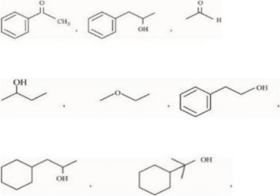 Eight organic chemical structures displayed: acetophenone, 1-phenylethanol, acetaldehyde, 2-propanol, 2-butanol, 2-phenylethanol, 1-methylcyclohexanol, and 2-methylcyclohexanol or similar diols/alcohols.