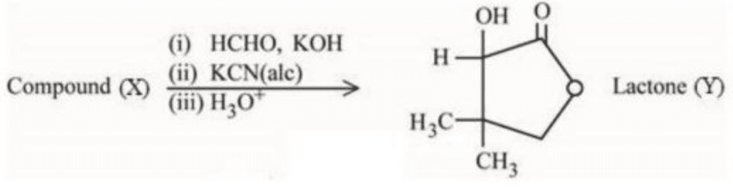 Reaction sequence from Compound (X) to Lactone (Y) through (i) HCHO, KOH, (ii) KCN(alc), (iii) H3O+.