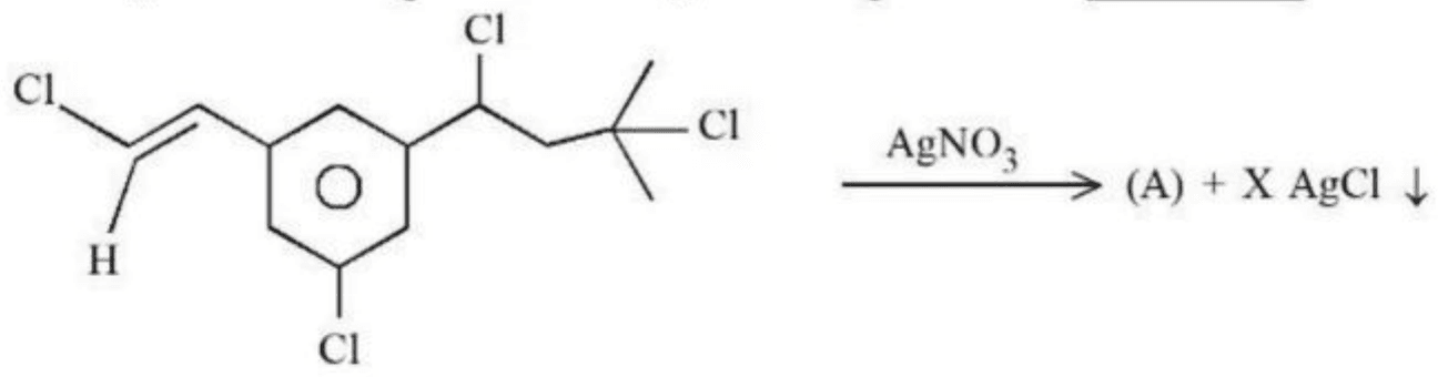 A chemical reaction where an organic molecule containing multiple chlorine atoms reacts with AgNO3 to form product (A) + X AgCl.