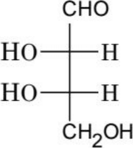 Fischer projection of an aldotetrose with CHO at top, CH2OH at bottom, and both OH groups on the left with both H atoms on the right.