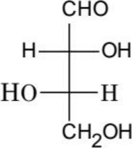 A Fischer projection with CHO at the top, CH2OH at the bottom, an upper horizontal bond of H on left and OH on right, and lower of HO on left and H on right.