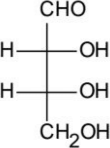 Fischer projection with CHO at the top, CH2OH at the bottom, and both OH groups positioned on the right with H atoms on the left.