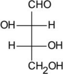 Fischer projection with top CHO, bottom CH2OH, upper cross showing left OH and right H, and lower cross showing left H and right OH.